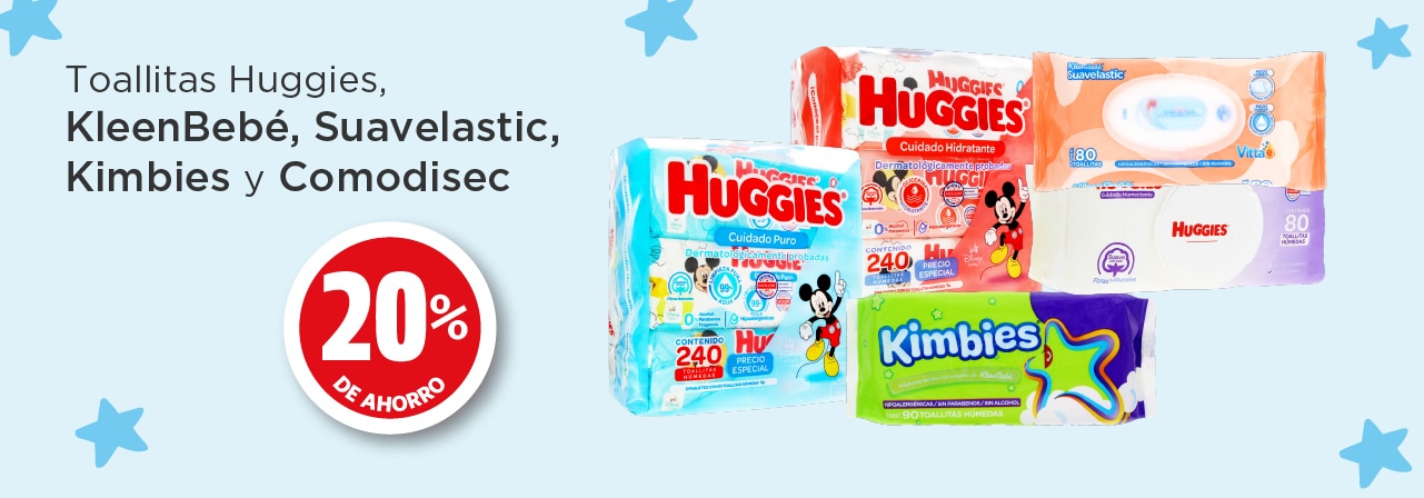 Toallitas huggies, kleenbebé, suavelastic, kimbies y comodisec 20% de ahorro