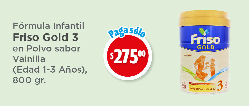 FÓRMULA INFANTIL FRISO GOLD 3 EN POLVO SABOR VAINILLA (EDAD 1-3 AÑOS), 800 GR. $275