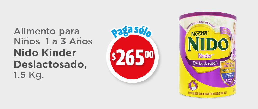 ALIMENTO PARA NIÑOS  1 A 3 AÑOS NIDO KINDER DESLACTOSADO, 1.5 KG. $265