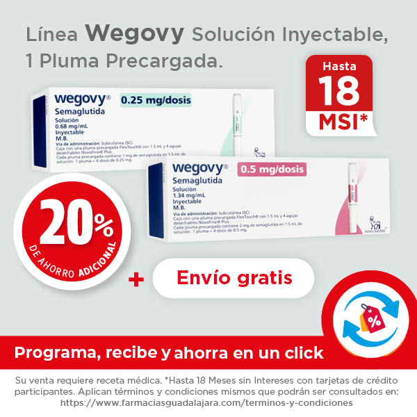 Línea wegovy solución inyectable, 1 pluma precargada. 20% de ahorro adicional + envío gratis *compras recurrentes*