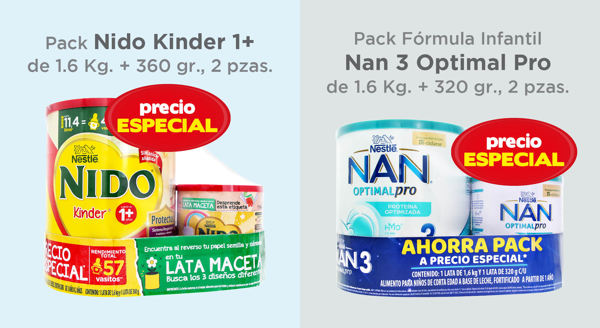 Pack nido kinder 1+ de 1.6 kg + 360 gr, 2 pzas. / pack fórmula infantil nan 3 optimal pro de 1.6 kg  + 320gr, 2 pzas. oferta armada *comprar ahora* (1y 2 de julio)