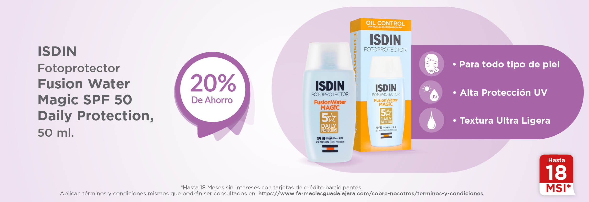 Isdin fotoprotector fusion water magic spf50 daily protection, 50 ml. 20% de ahorro hasta 18msi* para todo tipo de piel, alta protección uv, textura ultra ligera