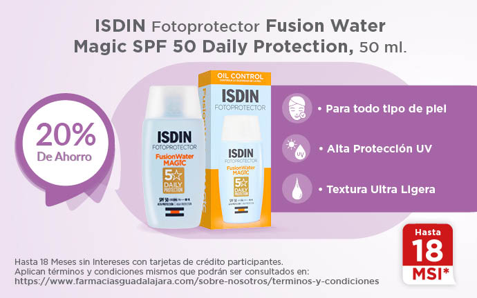 Isdin fotoprotector fusion water magic spf50 daily protection, 50 ml. 20% de ahorro hasta 18msi* para todo tipo de piel, alta protección uv, textura ultra ligera