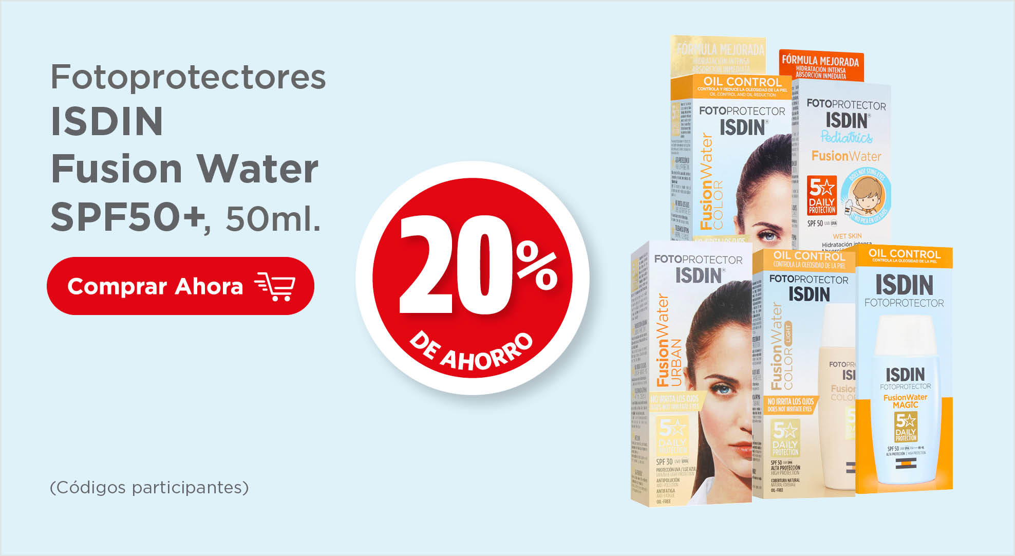 Fotoprotectores isdin fusion water spf50+, 50ml. 20% de ahorro (códigos participantes)