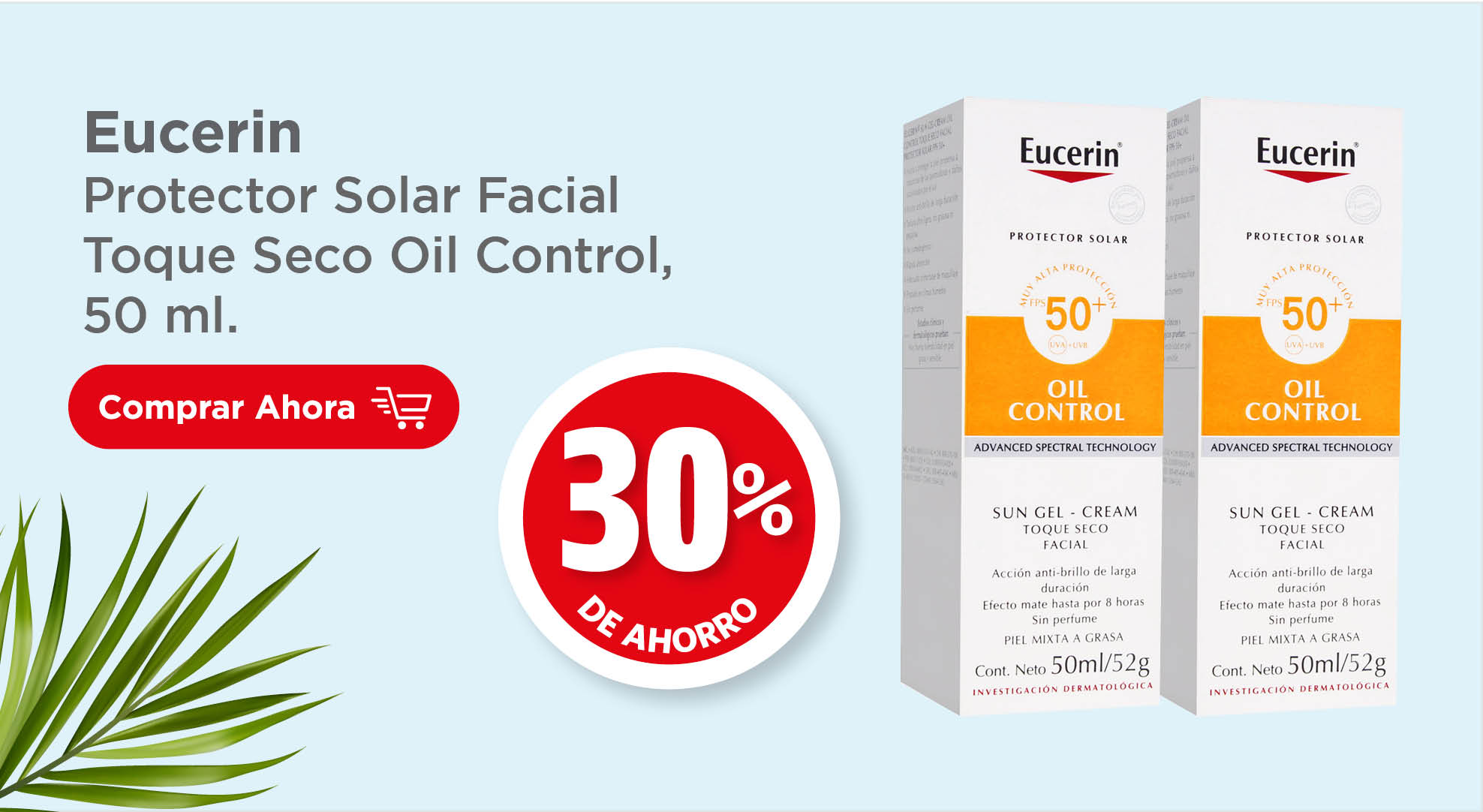 Eucerin protector solar facial toque seco oil control, 50 ml. 30% de ahorro