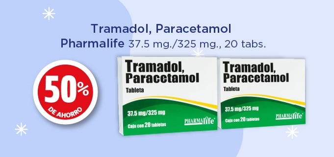 Tramadol, Paracetamol 37.5 mg/325 mg, 20 Tabletas Pharmalife. 50% de Ahorro