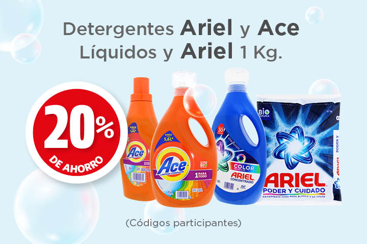Detergentes ariel y ace líquidos y ariel 1kg 20% de ahorro