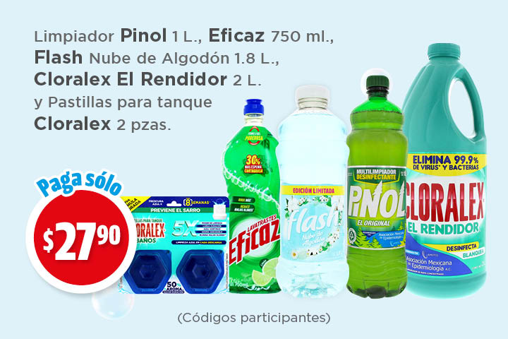 Limpiador pinol 1l, eficaz 750ml, flash nube de algodón 1.8l, cloralex el rendidor 2l y pastillas para tanque cloralex 2pz $27.9 (códigos participantes)
