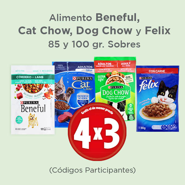 Alimento beneful, cat chow, dog chow y felix 85 gr y 100gr sobres 4x3
