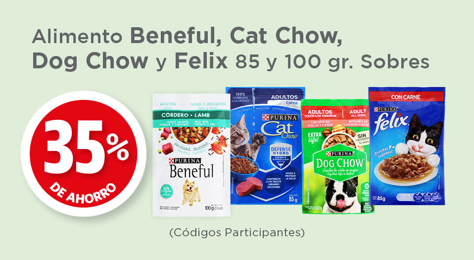 Alimento beneful, dog chow, cat chow y felix 85 y 100gr sobres 35% de ahorro (códigos participantes) *oferta exclusiva en línea*
