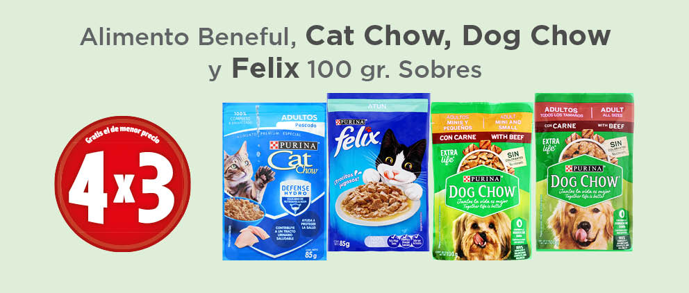ALIMENTO BENEFUL, CAT CHOW, DOG CHOW Y FELIX 100GR SOBRES LLEVA 4 Y PAGA 3