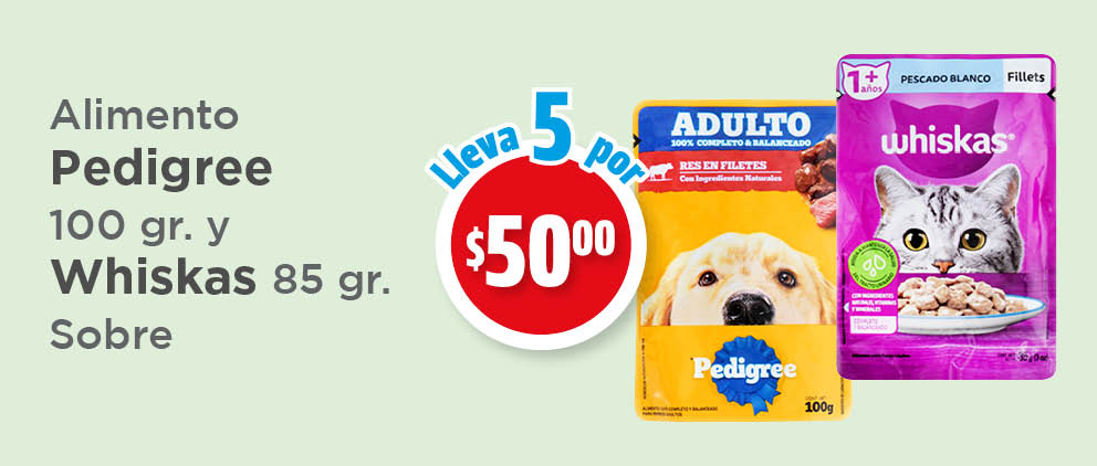 Alimento pedigree 100gr y whiskas 85gr sobre lleva 5 por $50