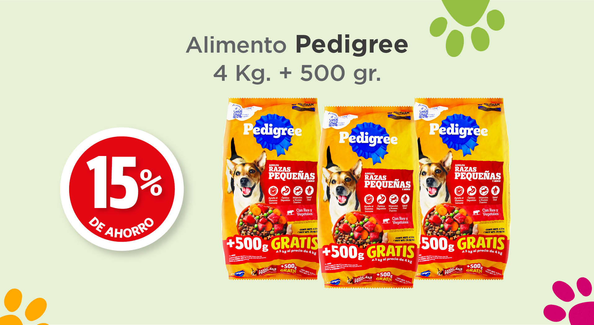 Alimento pedigree 4kg+500gr 15% de ahorro