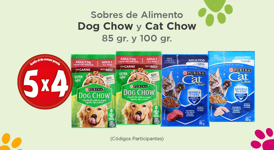 Sobres de Alimento Dog Chow y Cat Chow 85 gr. y 100 gr. 5x4 (Códigos participantes)