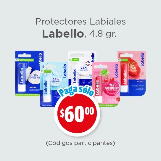 Protectores labiales labello, 4.8gr. $60 (códigos participantes)