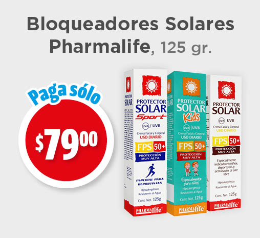 Bloqueadores solares pharmalife, 125 gr. $79