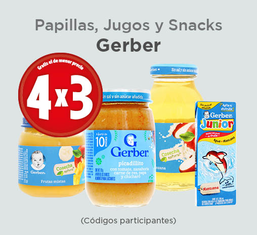 Papillas, jugos y snacks gerber 4x3 (códigos participantes)