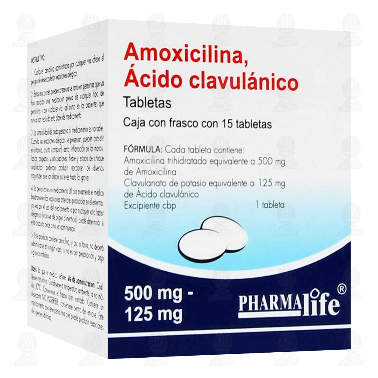 Amoxicilina, &Aacute;cido Clavul&aacute;nico 500mg/125mg, 15 Tabletas Pharmalife. image number 0