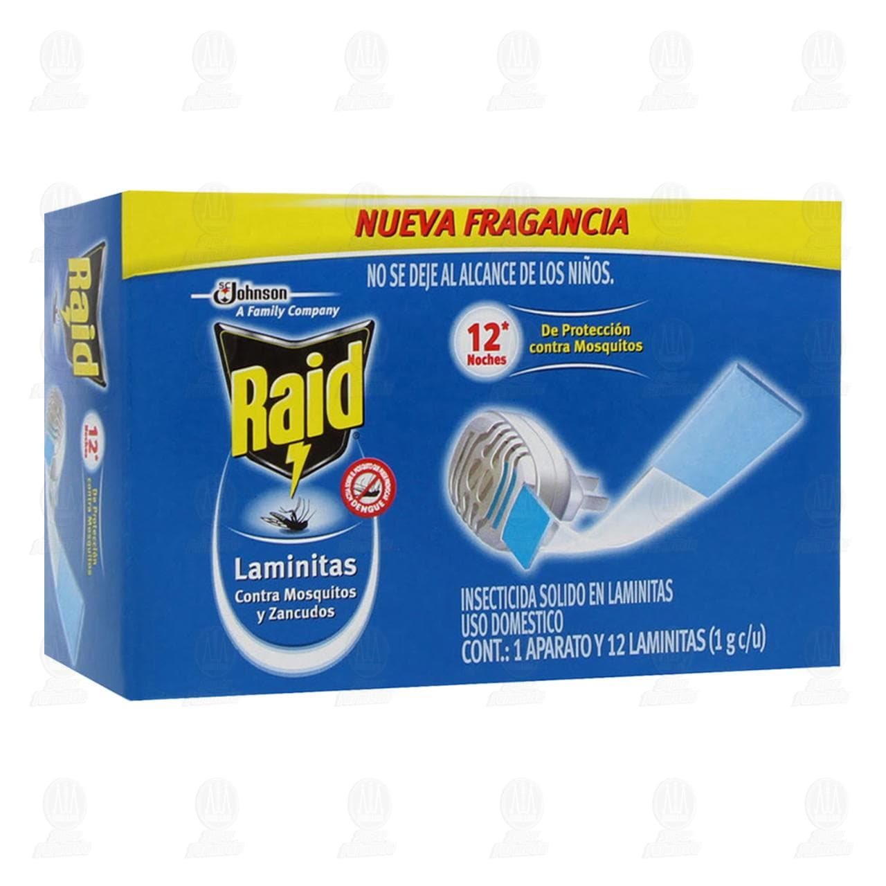 Imagen para Insecticida Raid sólido en laminitas para uso doméstico, 12 noches de protección. Contiene 1 aparato vaporizador y 12 laminitas de 1 gramo cada una.