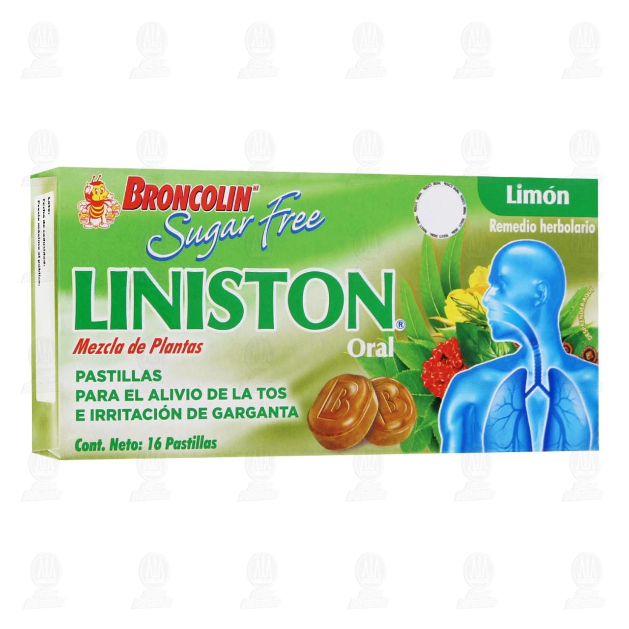 Broncolin Liniston Lim&oacute;n Sin Az&uacute;car, 16 Pastillas. image number 0