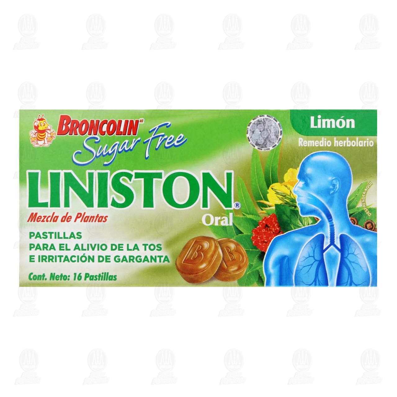 Broncolin Liniston Lim&oacute;n Sin Az&uacute;car, 16 Pastillas. image number 1