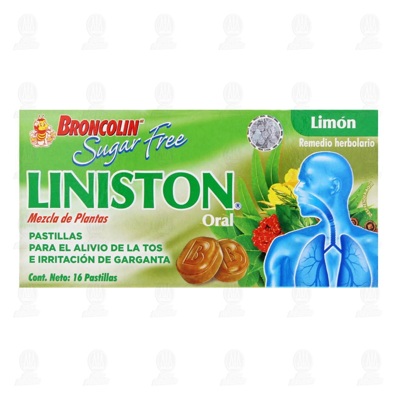 Broncolin Liniston Lim&oacute;n Sin Az&uacute;car, 16 Pastillas. image number 1