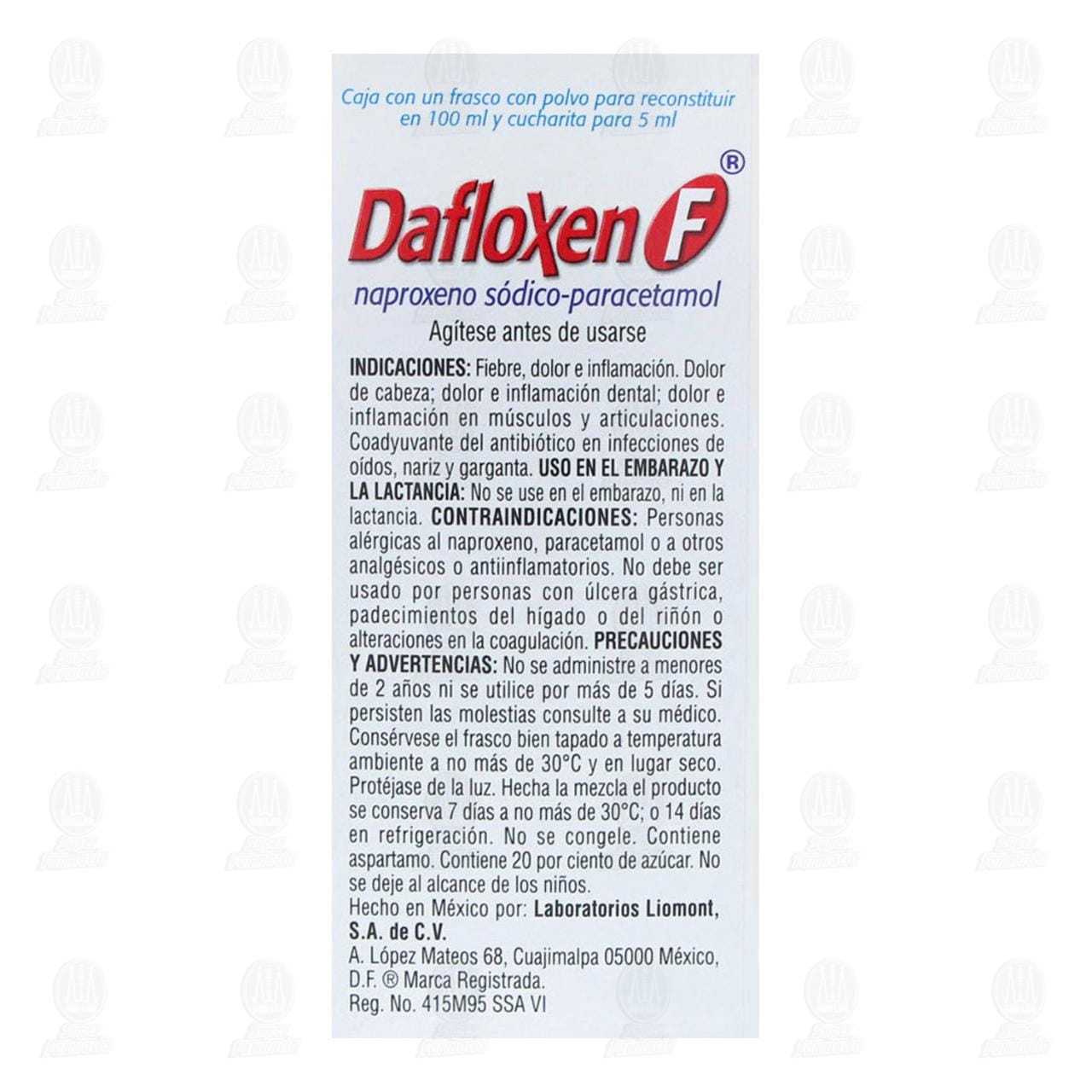 Dafloxen F 125mg/100mg/5ml Suspensi&oacute;n Sabor Manzana-Canela, 100 ml. image number 2