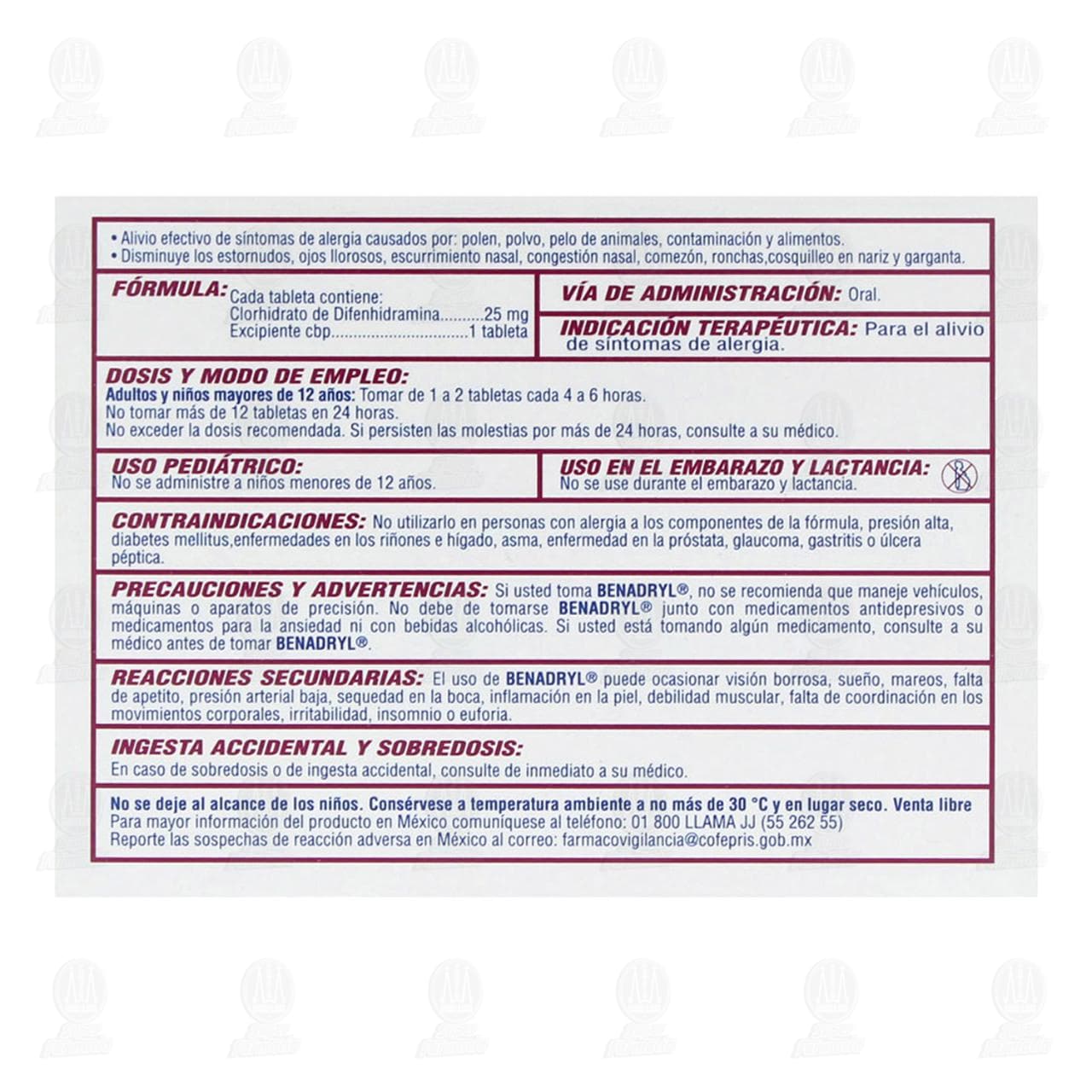 Antihistam&iacute;nico Benadryl 24 Tableta, 25 mg. image number 2