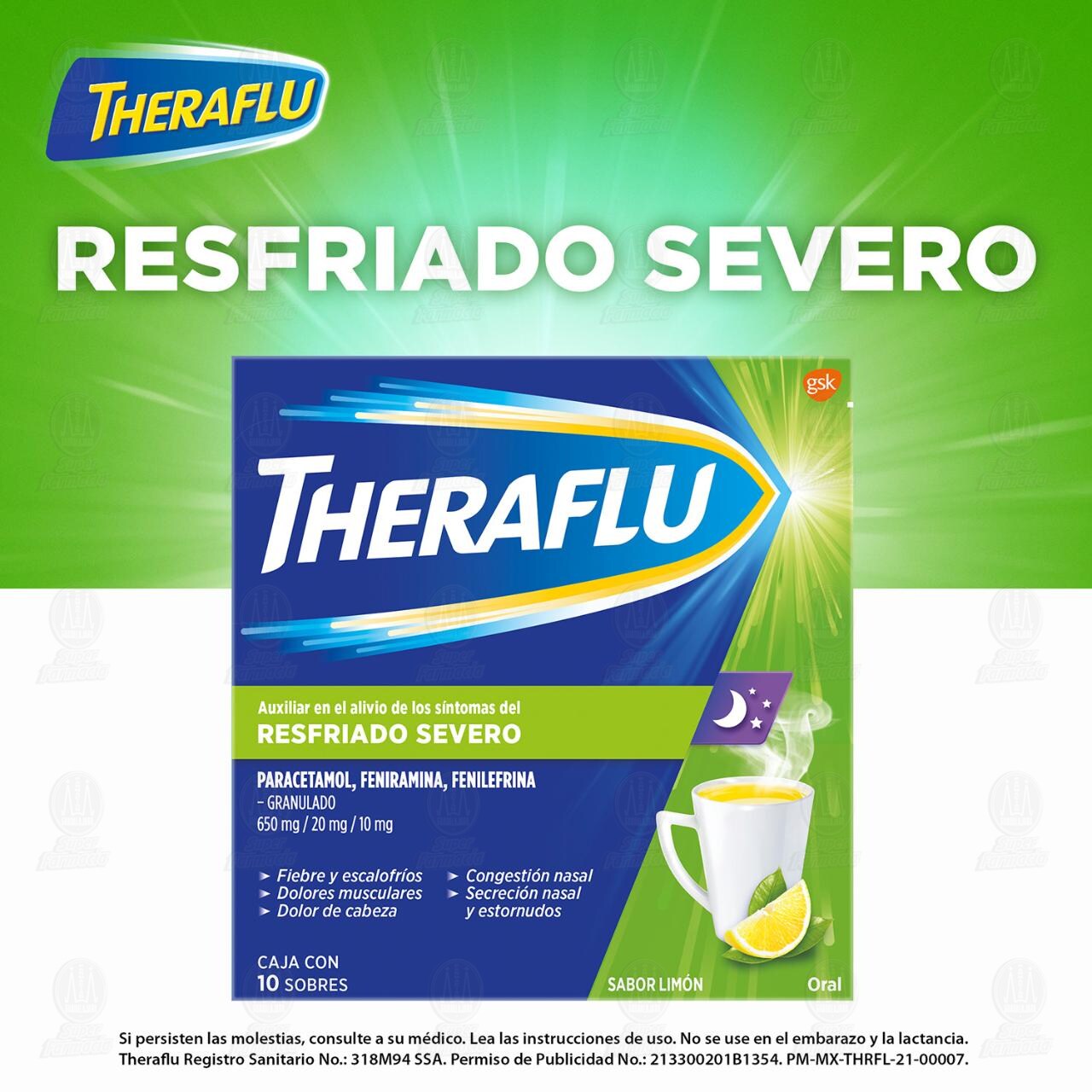 Theraflu Noche T&eacute; Antigripal Resfriado Severo, 10 Sobres. image number 2