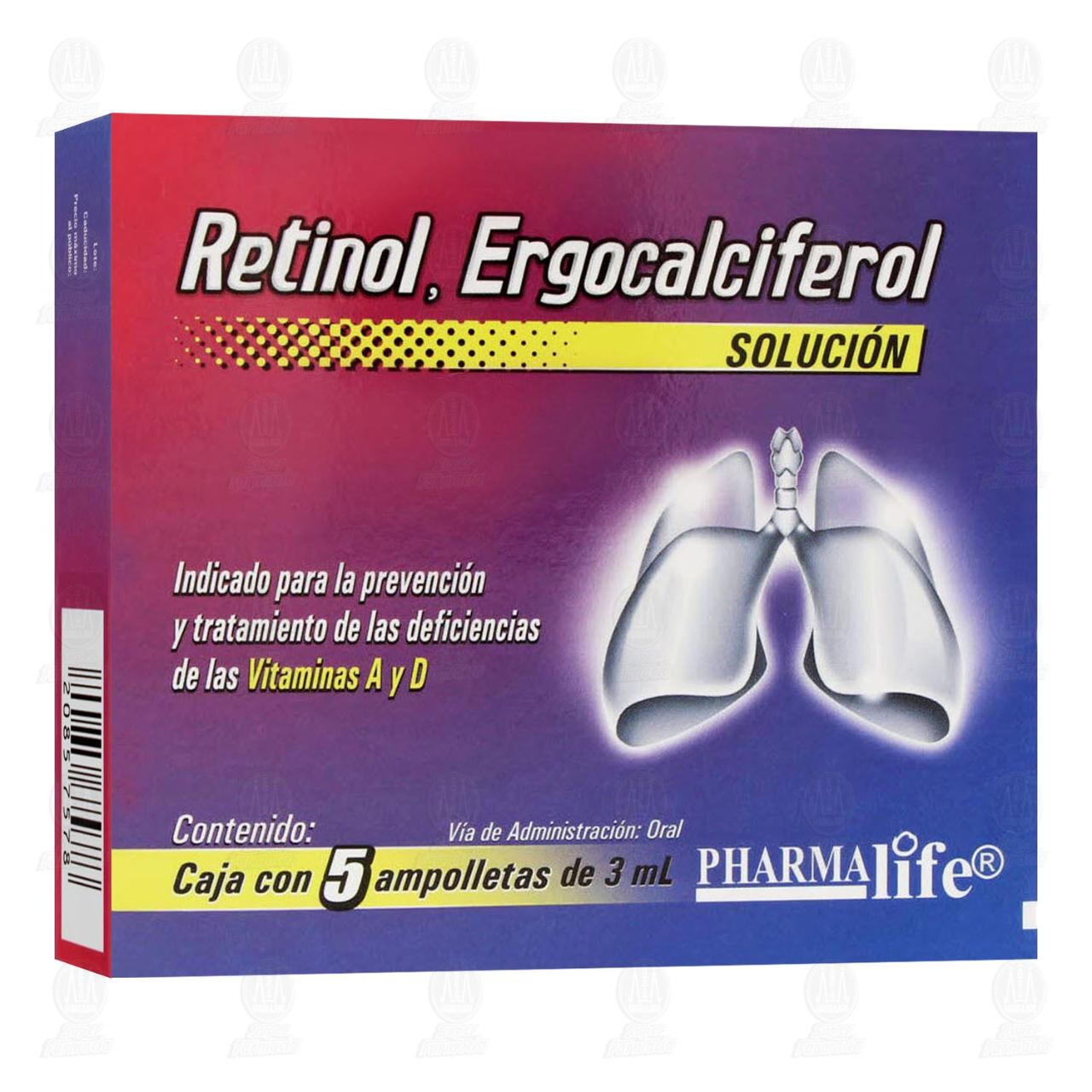 Retinol, Ergocalciferol Solución Oral, 5 Ampolletas de 3 ml c/u Pharmalife.