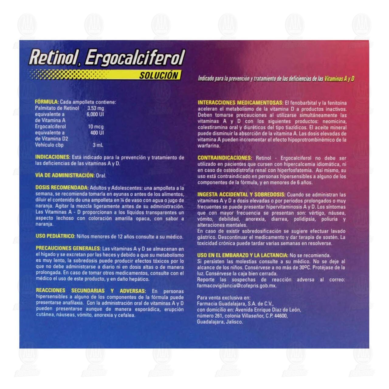 Retinol, Ergocalciferol Solución Oral, 5 Ampolletas de 3 ml c/u Pharmalife. image number 2