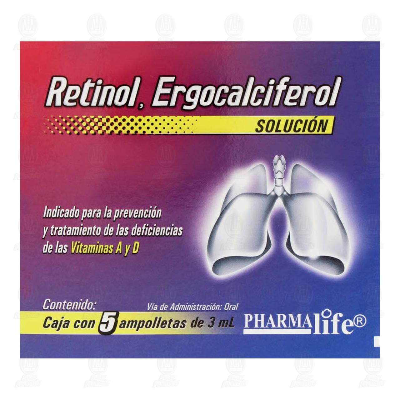 Retinol, Ergocalciferol Solución Oral, 5 Ampolletas de 3 ml c/u Pharmalife. image number 1
