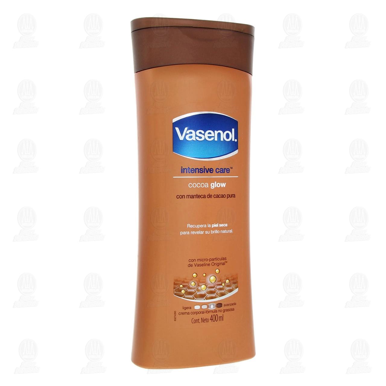 Imagen para Crema corporal Vasenol Intensive Care, con manteca de cacao pura y fórmula no grasosa que recupera la piel seca para revelar su brillo natural con micro-partículas de Vaseline Original. Envase con 400
