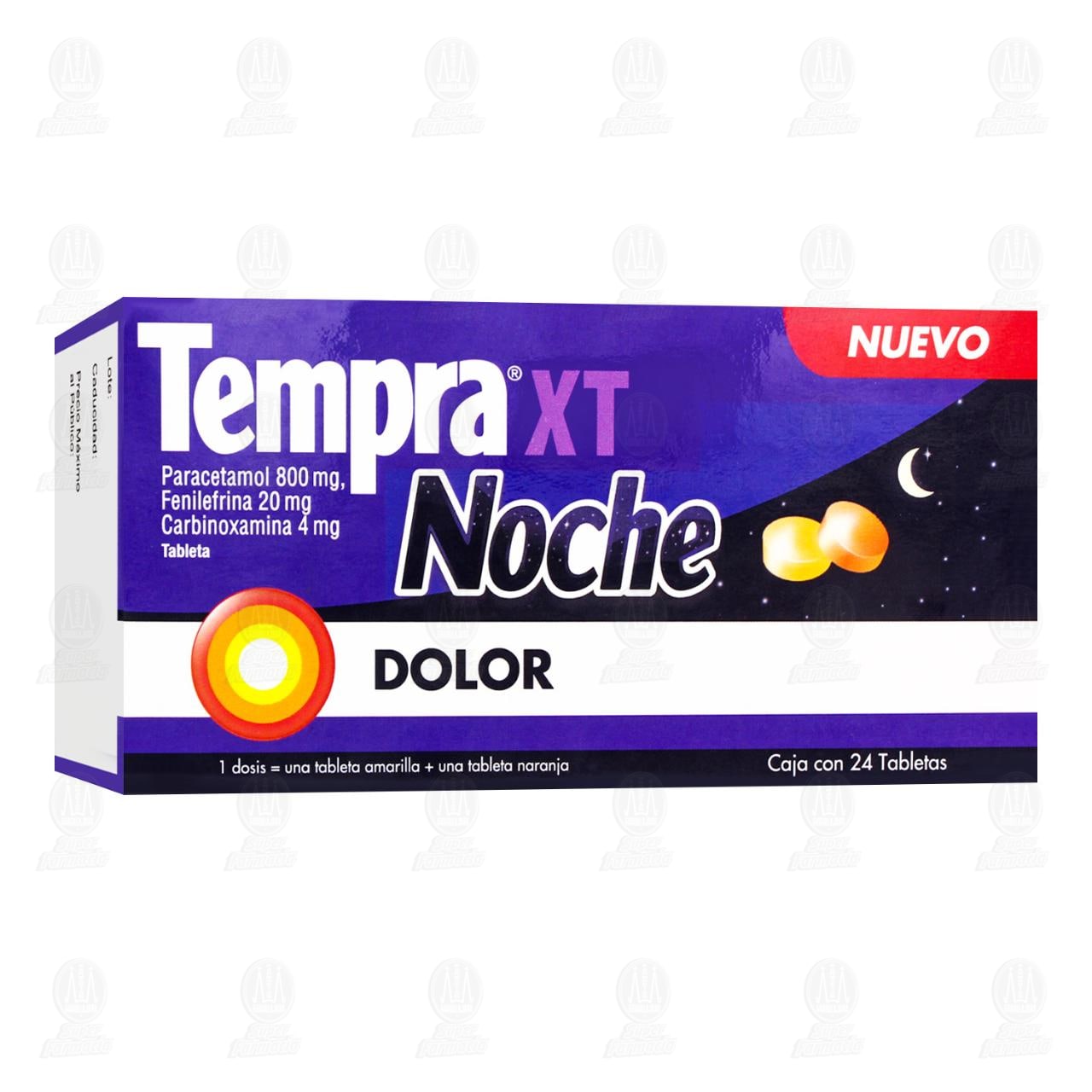 Tempra XT Noche 800mg/20mg/4 mg, 24 Tabletas.