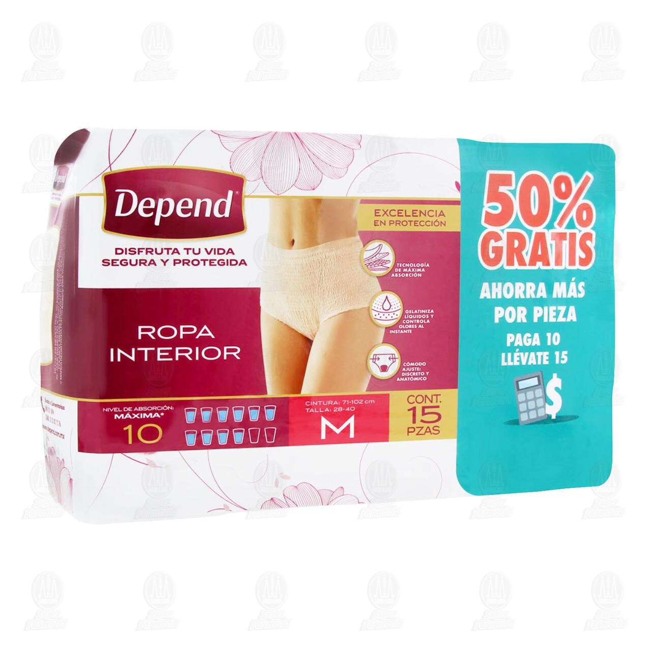 Ropa Interior Depend Femenina Talla Mediana 15pzas