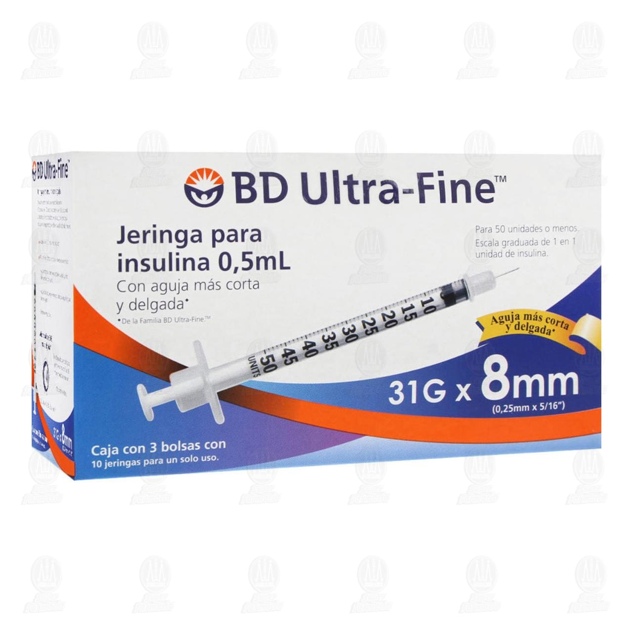 Cinco pegamento Paloma Jeringas para Insulina BD Ultra-Fine 0.5ml 31G x 8mm, 30 pzas.