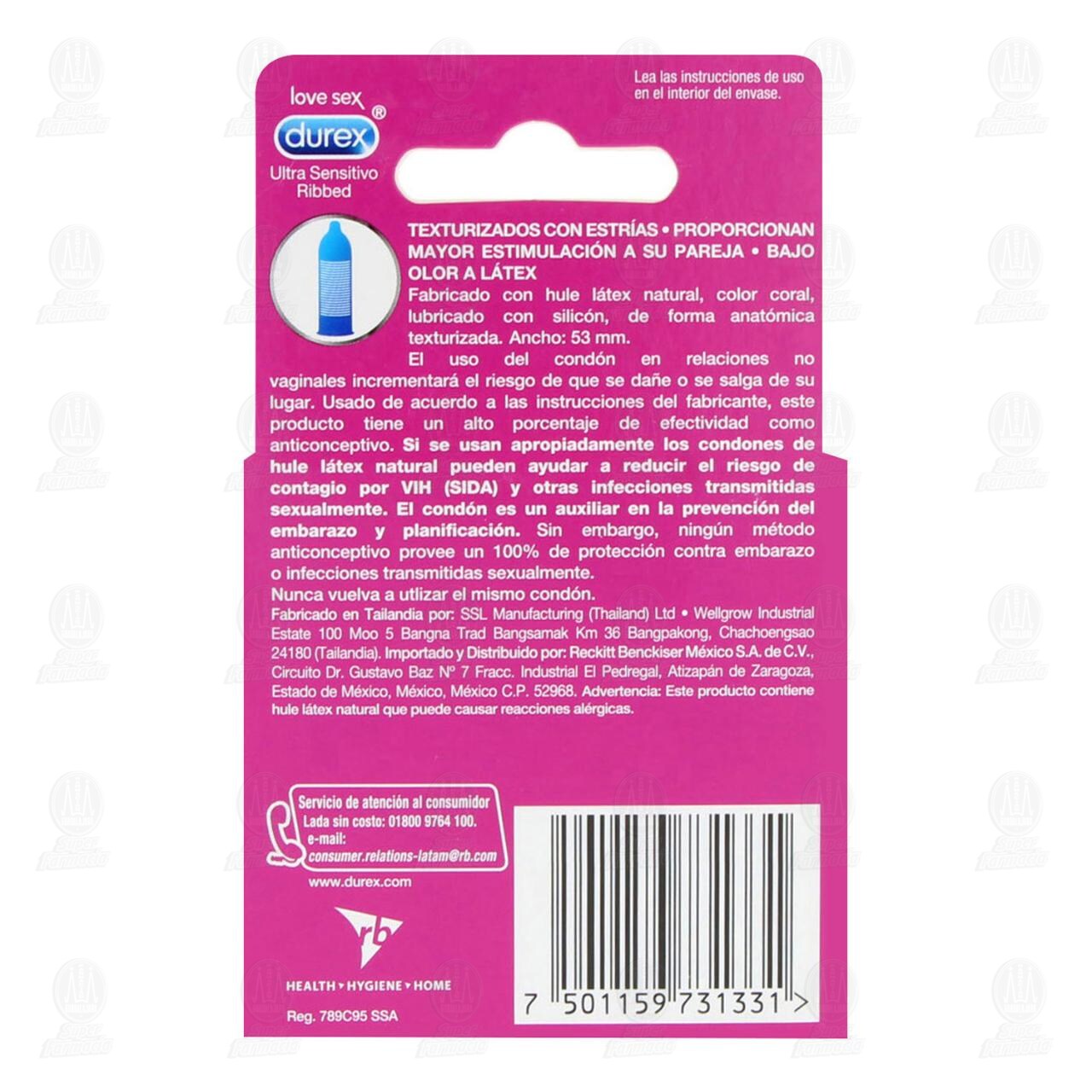 Durex Ultra Sensitivo Ribbed, 3 Condones de L&aacute;tex. image number 2