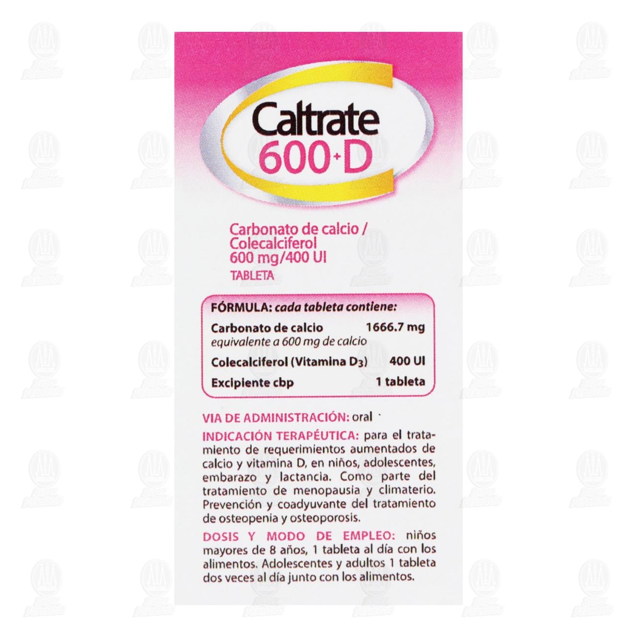 Caltrate Suplemento de Calcio 600 +D 600mg/400UI, 30 Tabletas. image number 2