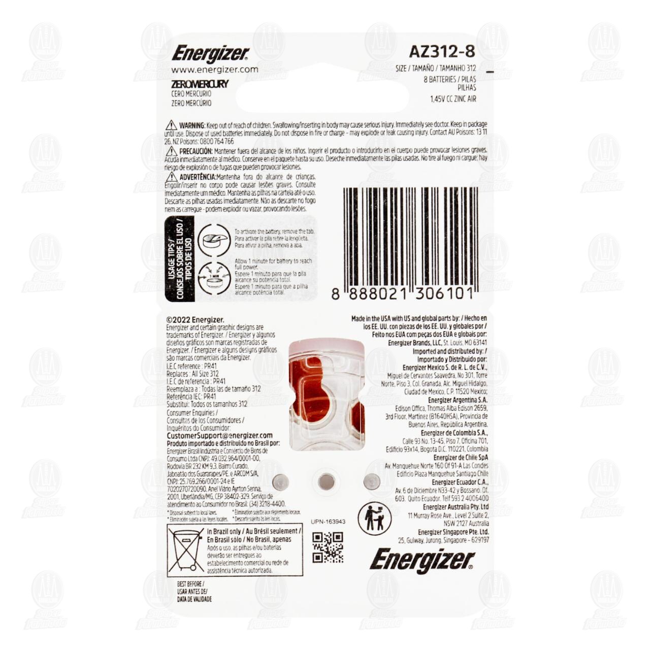 Pilas Energizer Cinc Aire 312, 8 pzas. image number 1