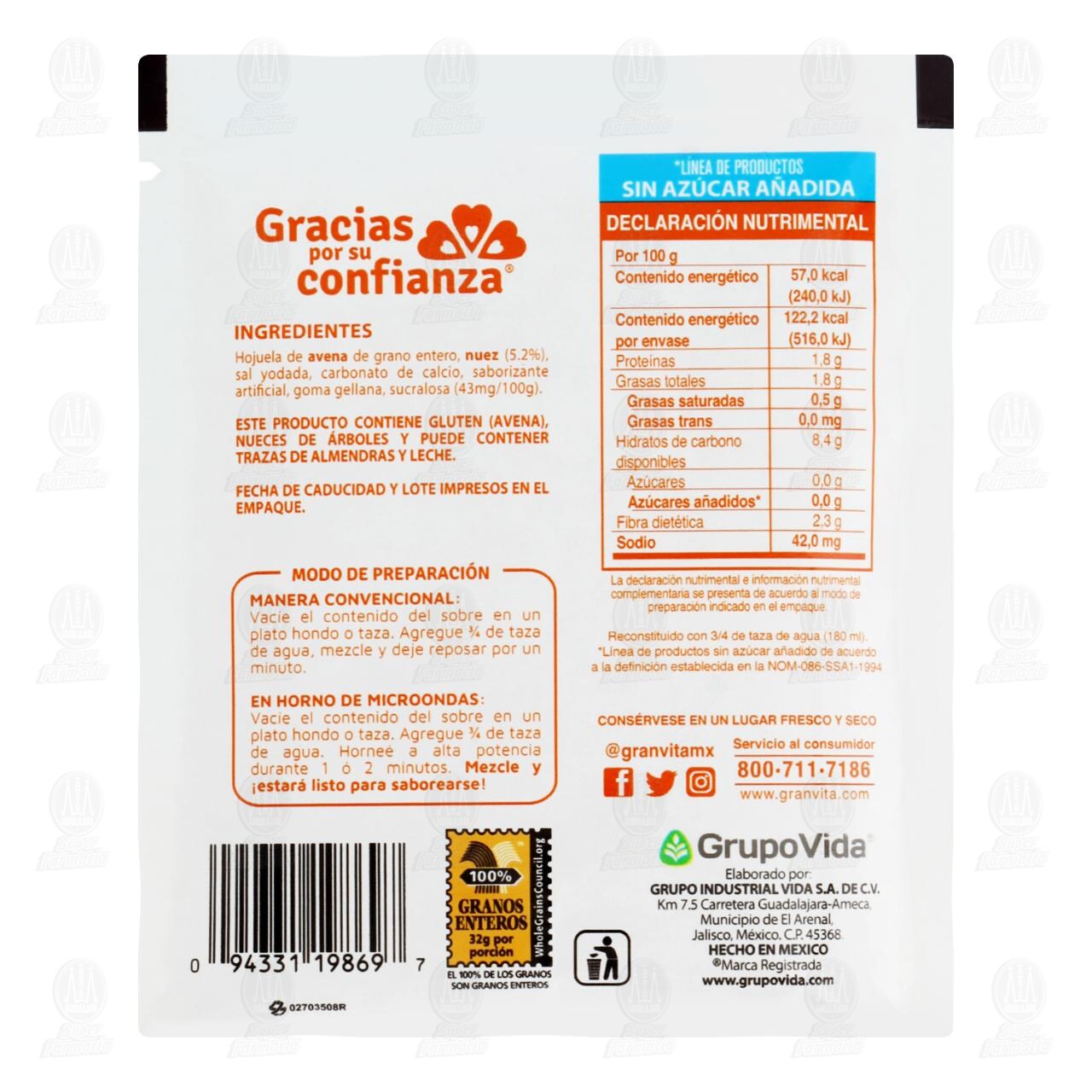 Avena Instantánea Granvita Sabor Miel con Nuez, 35 gr. image number 1