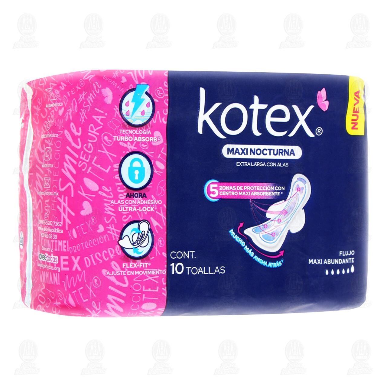 Toallas Femeninas Kotex Maxi Nocturna Extra Larga con Alas, 10 pzas. image number 0