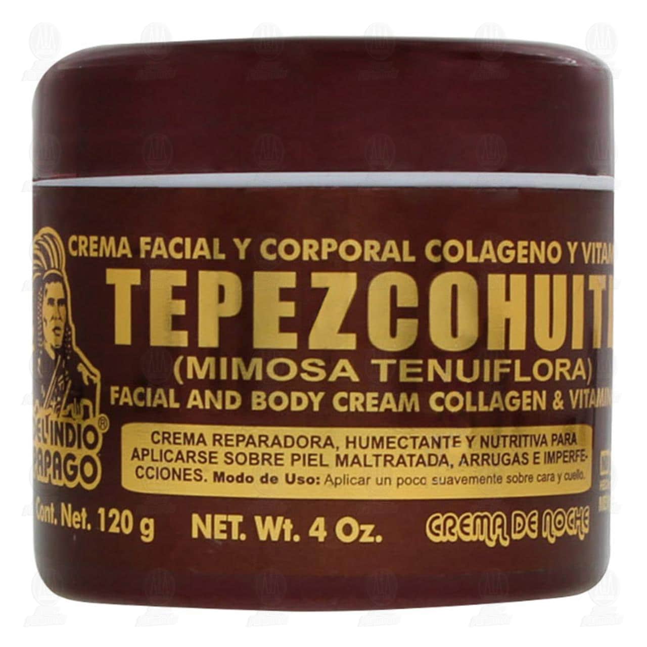 Imagen para Crema corporal y facial Del Indio Papago de Tepezcohuite, con colágeno y vitamina E reparadora, humectante y nutritiva para piel maltratada, arrugas e imperfecciones, para la noche. Envase con 120 gra