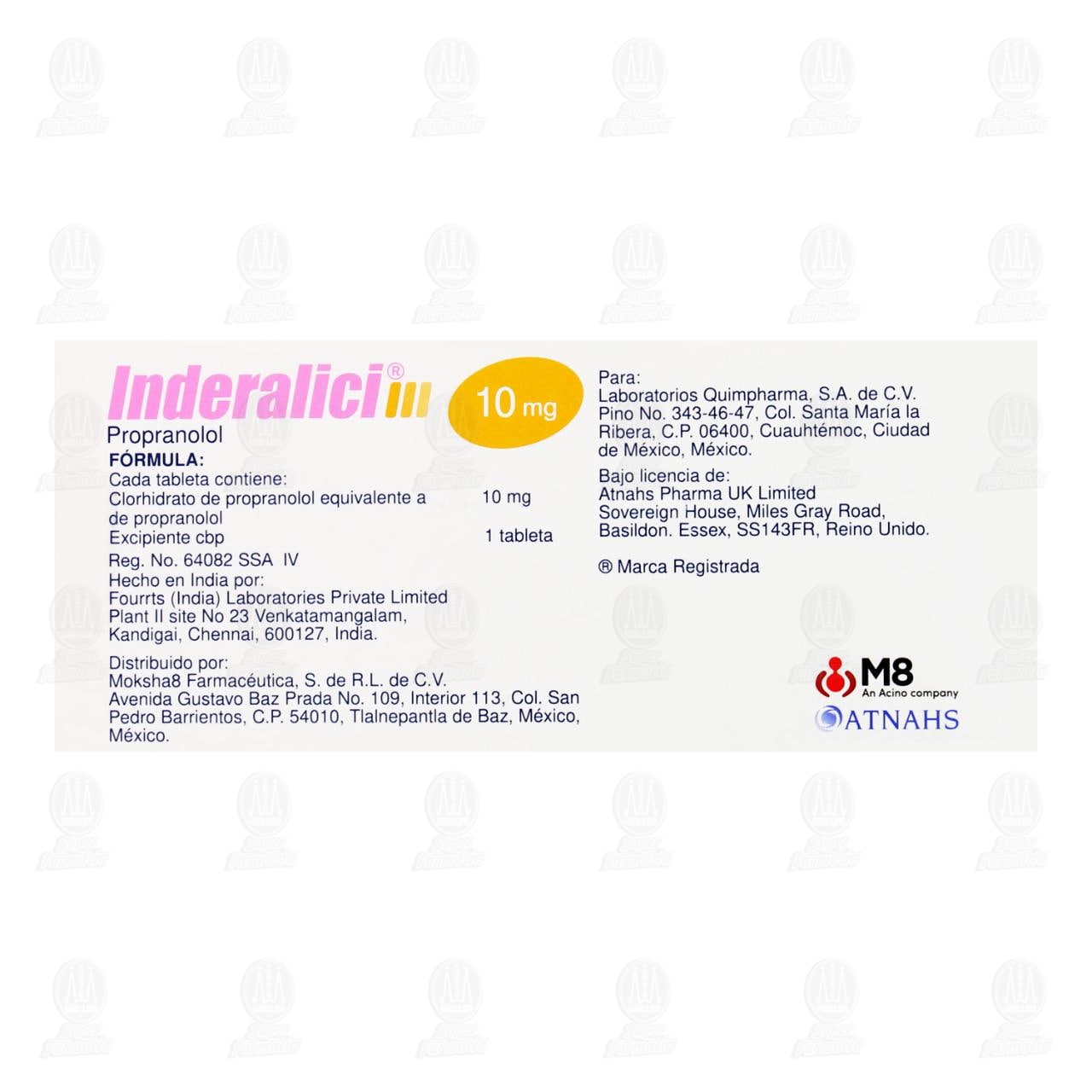 Inderalici 10 mg, 50 Tabletas. image number 2
