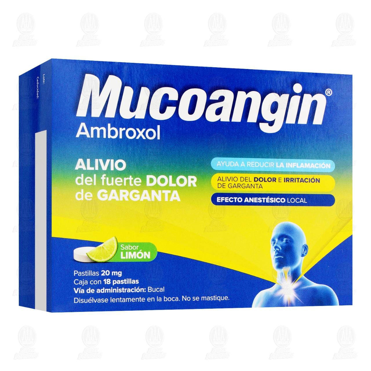 Mucoangin Alivio del Dolor de Garganta 20 mg Sabor Lim&oacute;n, 18 Pastillas.
