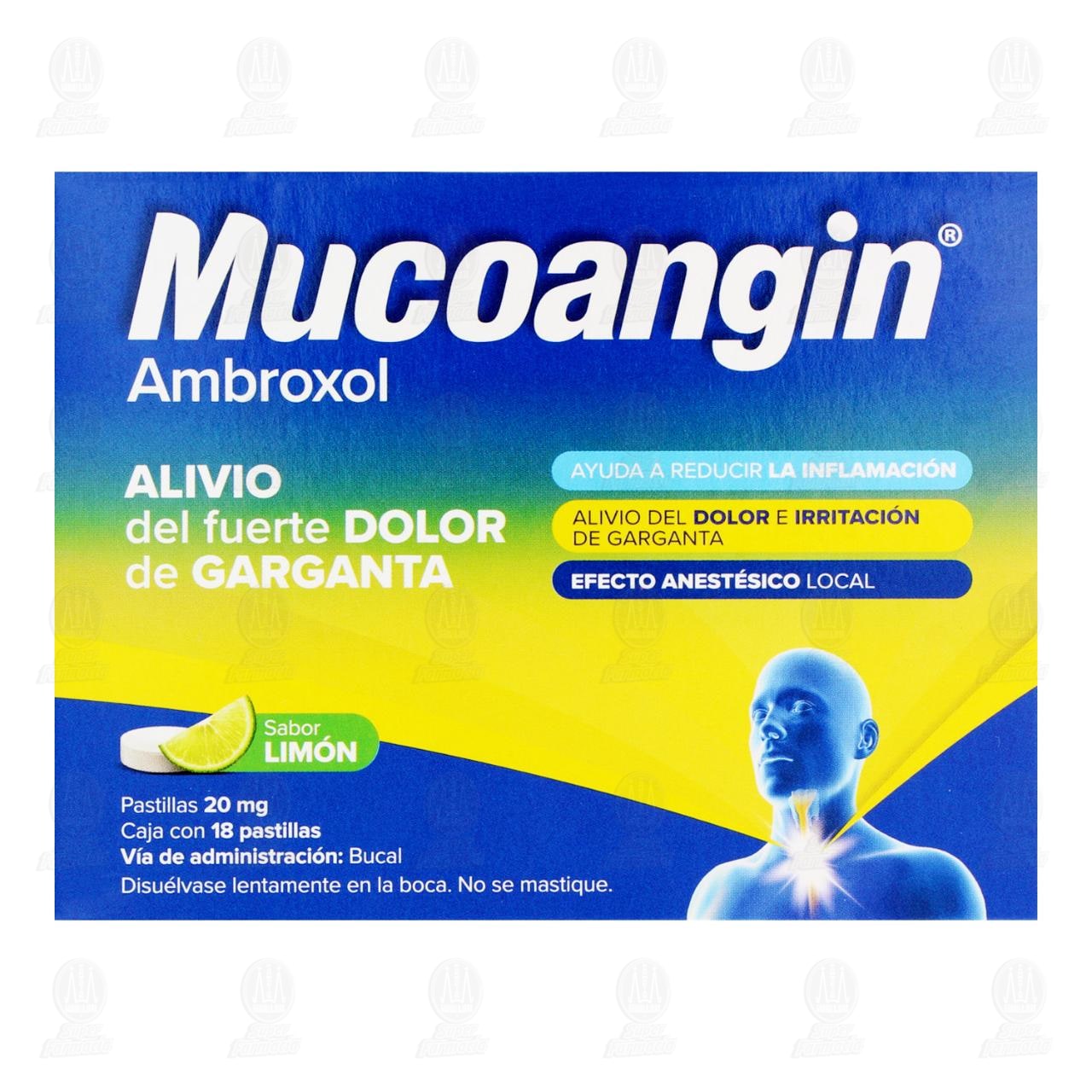Mucoangin Alivio del Dolor de Garganta 20 mg Sabor Lim&oacute;n, 18 Pastillas. image number 1