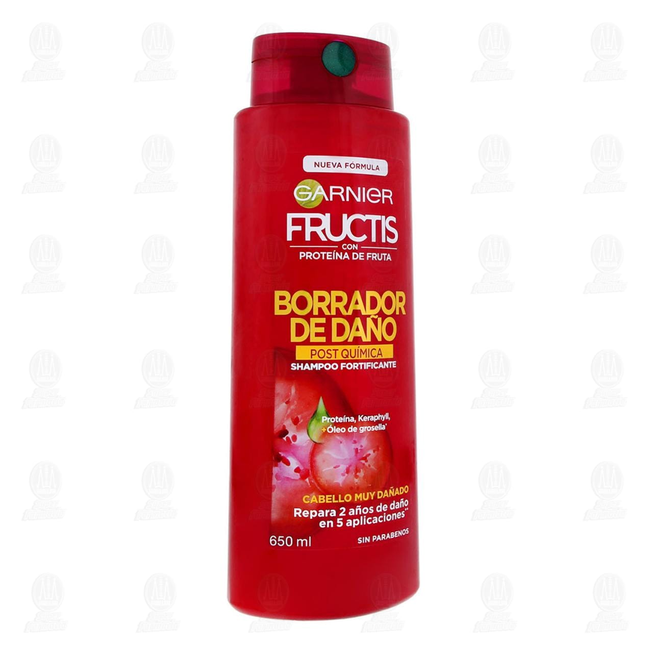 Imagen para Shampoo Fructis de Garnier borrador de daño post química fortificante con proteína de fruta, keraphyll más óleo de grosella, para cabello muy dañado, repara 2 años de daño en 5 aplicaciones. Envase co