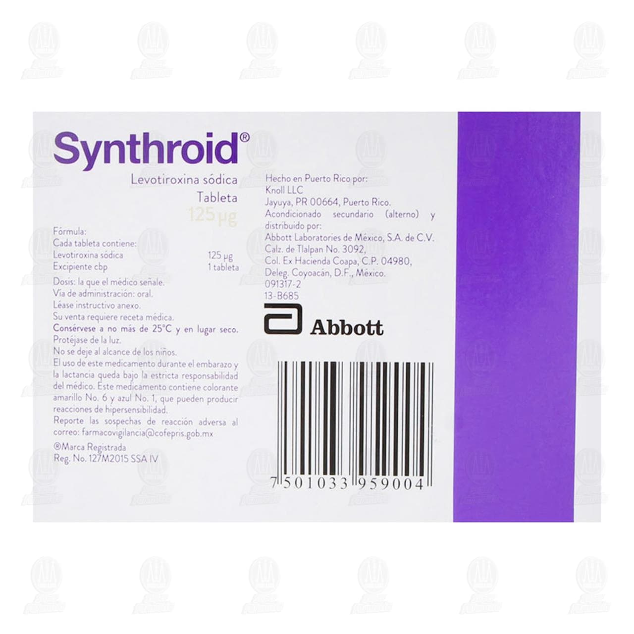 Synthroid 125 mcg, 30 Tabletas. image number 2