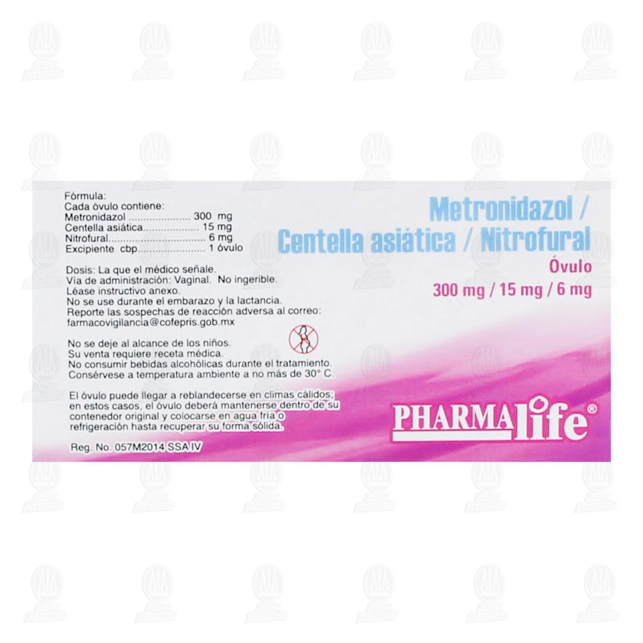 Metronidazol/Centella Asi&aacute;tica/Nitrofural 300mg/15mg/6mg, 12 &Oacute;vulos Pharmalife. image number 2