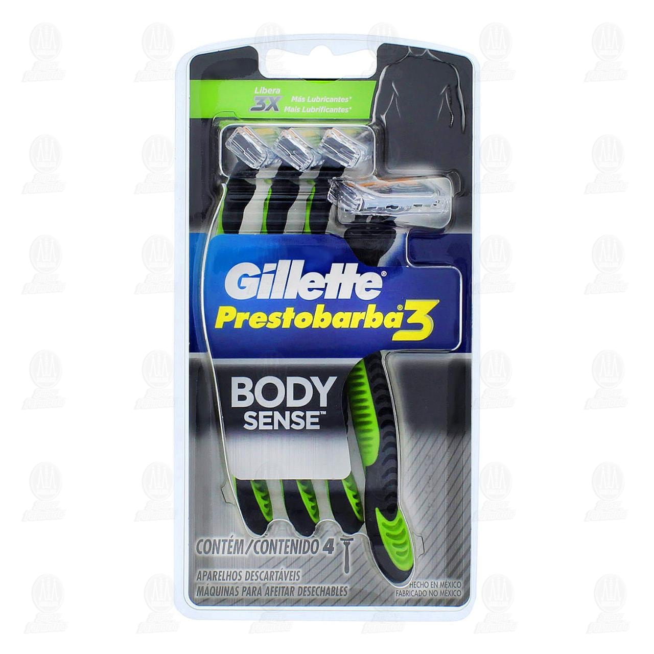 Imagen para Maquinas para afeitar Gillette Prestobarba 3 Bodysense desechables, libera 3X más lubricantes, 100% mejor enjuague y una afeitada suave. Contiene 4 piezas.