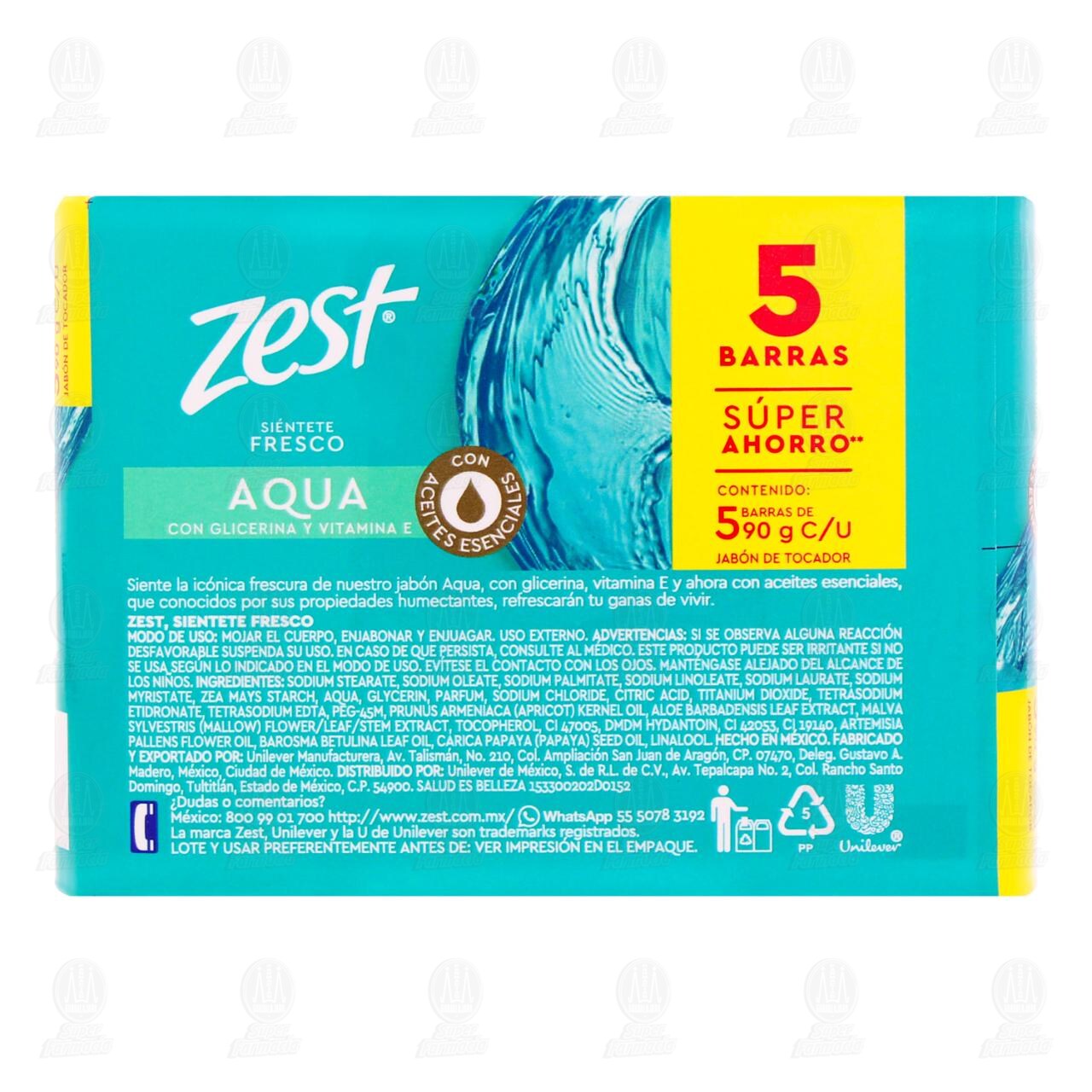 Pack Jab&oacute;n de Tocador Zest Aqua con Glicerina y Vitamina E, 5 pzas de 90 gr c/u. image number 2